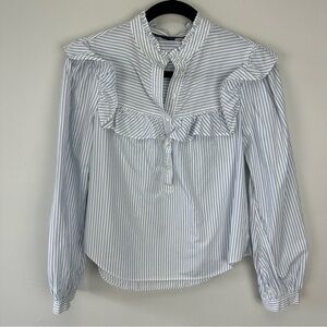 Veronica Beard Striped Ruffle Yoke Blouse Top